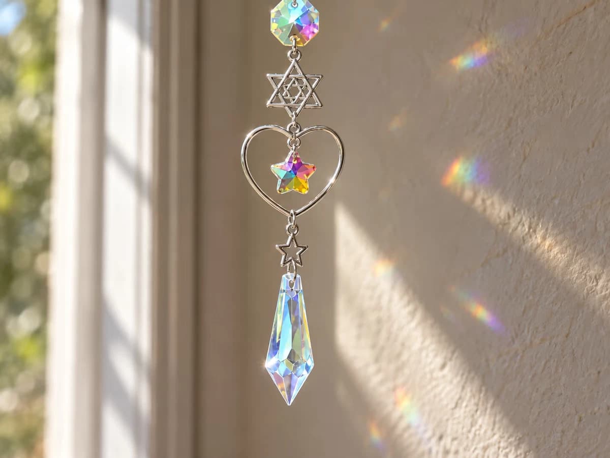 Goutte de cristal et figures en métal argenté d'un attrape-soleil, revêtement irisé vu de près dans un rayon de soleil