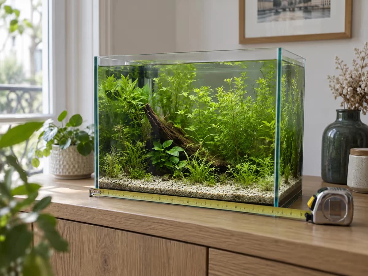 Un mètre ruban posé le long de la vitre avant d'un petit aquarium, devant un nano bac planté