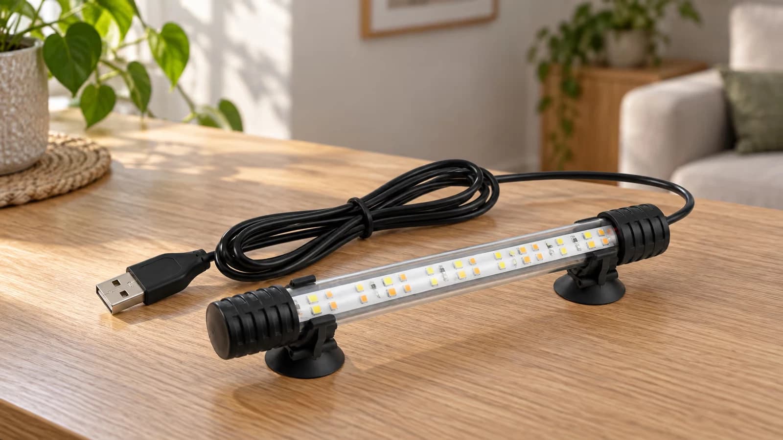 Une barre LED d'aquarium de 18 cm posée sur une table en bois, avec son cordon USB et ses deux clips à ventouses