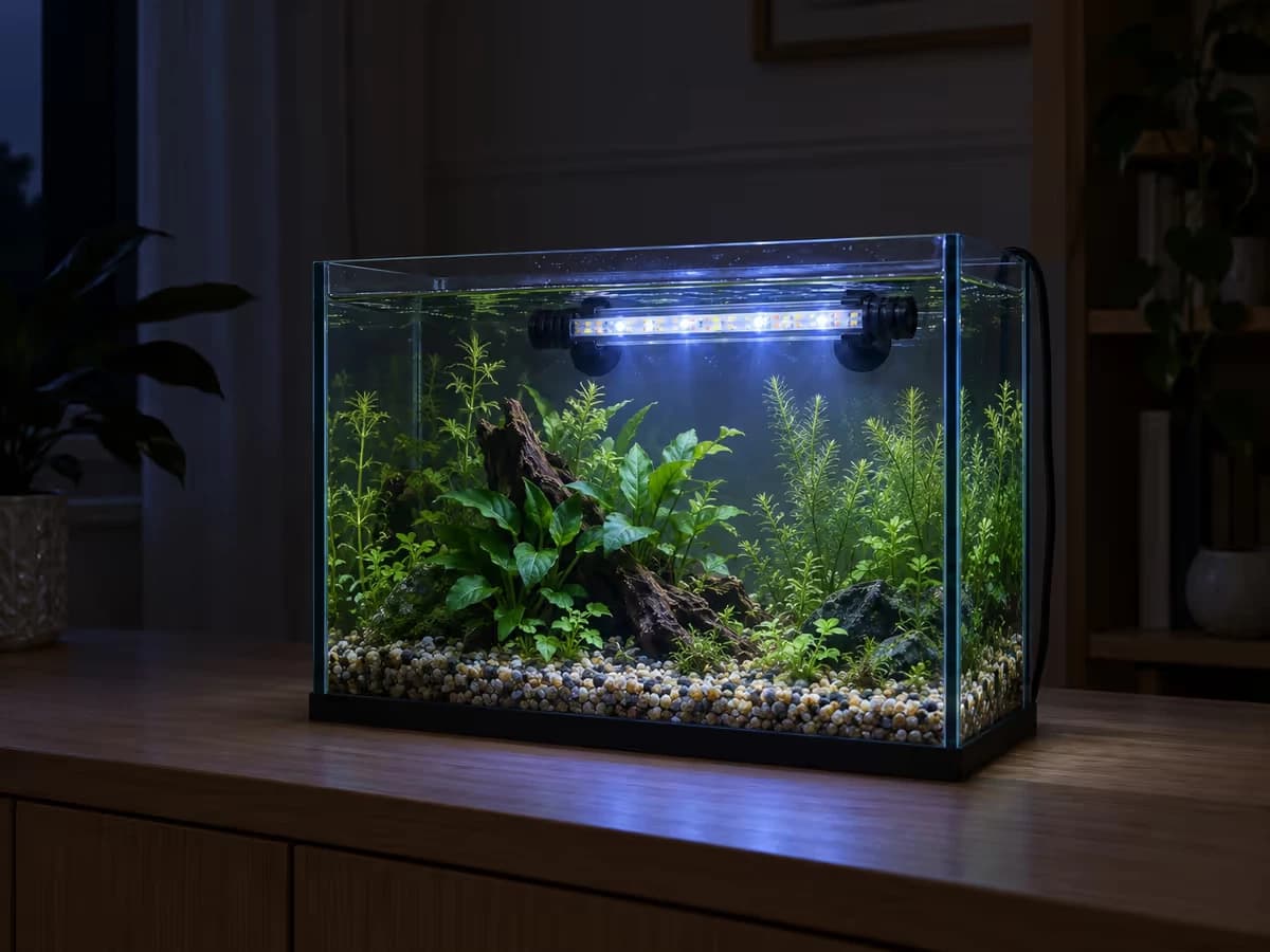 Un nano bac planté éclairé par une barre LED bleu-blanc dans une pièce sombre, le soir