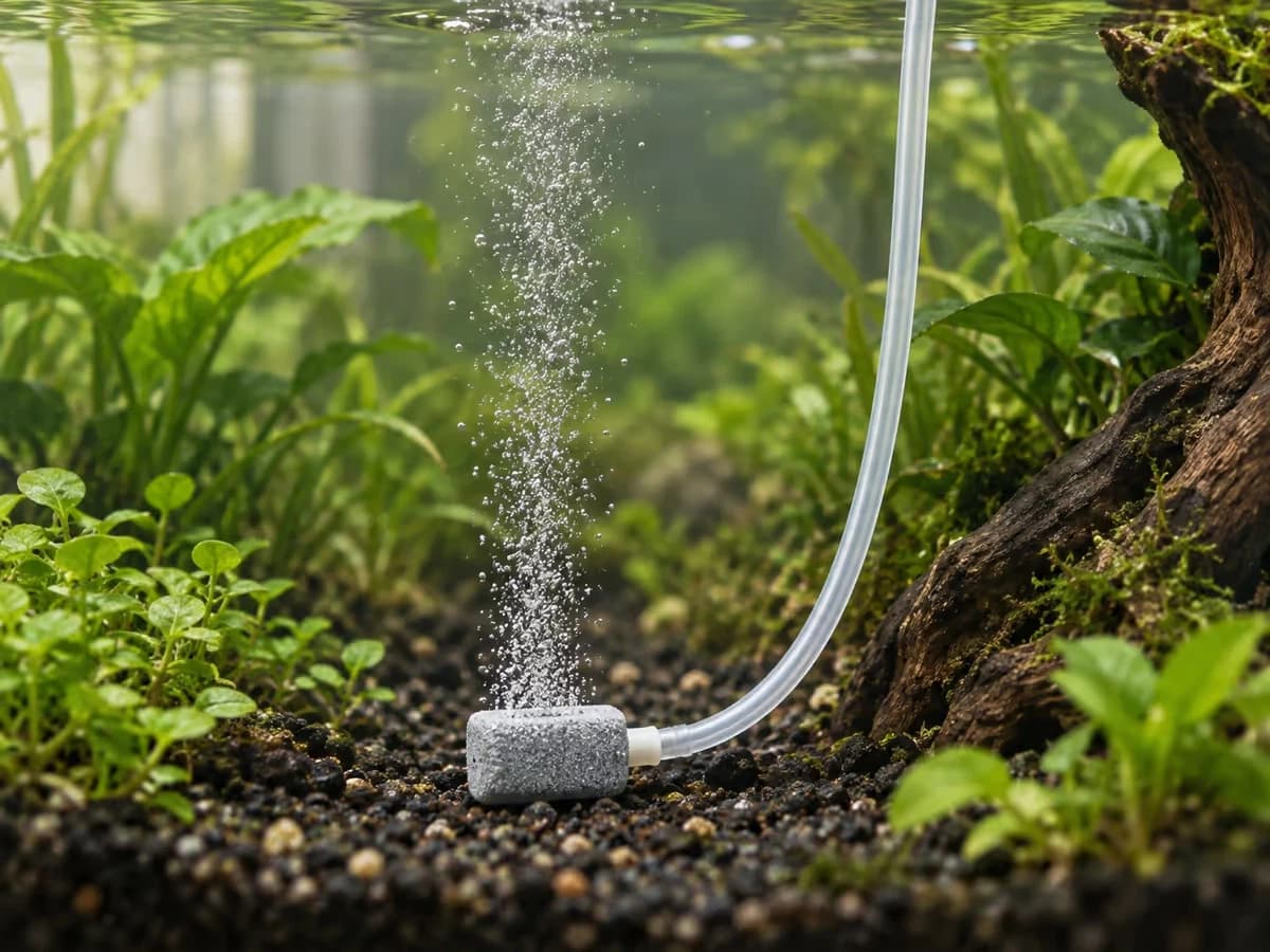 Diffuseur à fines bulles au fond d'un petit aquarium planté, colonne de bulles fines remontant vers la surface