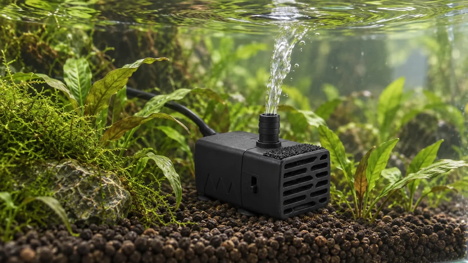 Petite pompe de circulation posée au fond d'un bac planté, jet orienté vers la surface de l'eau
