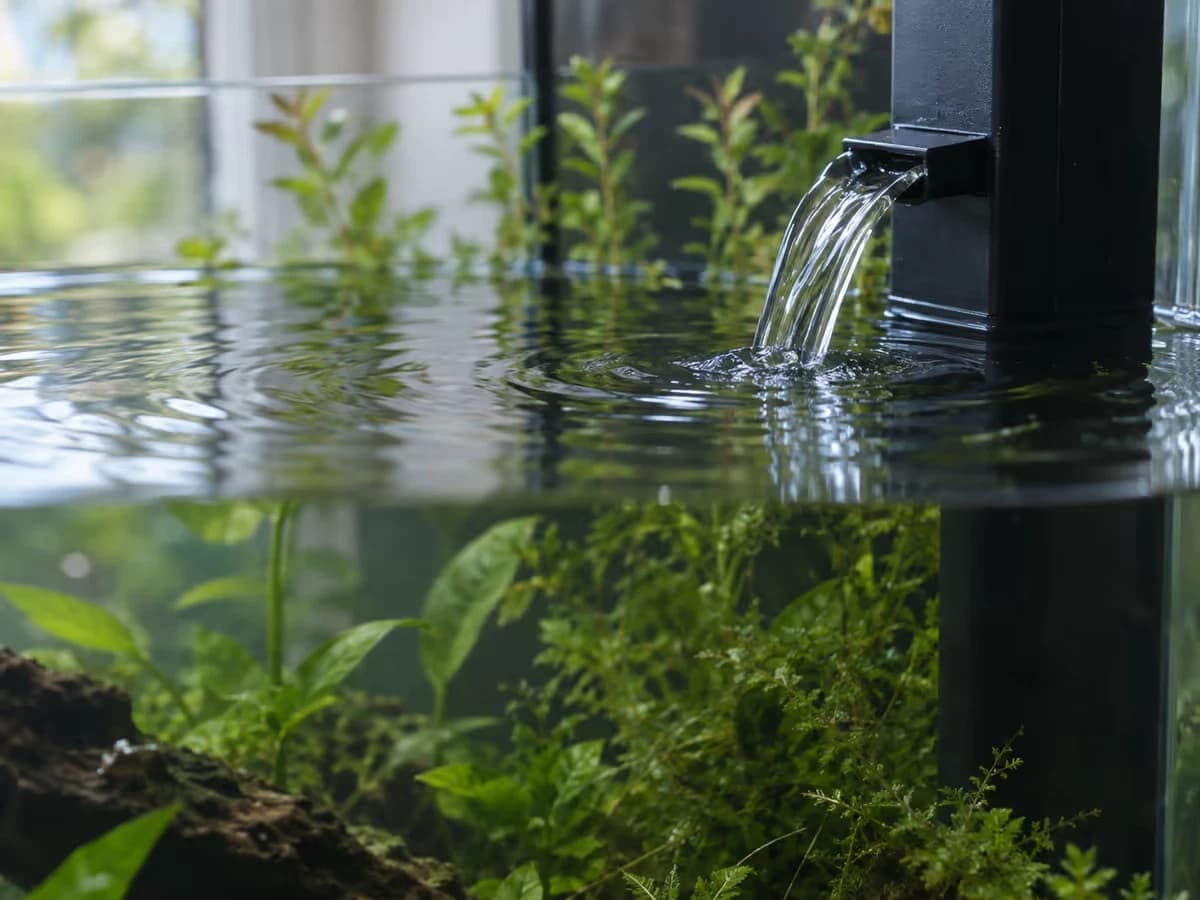 Sortie d'un filtre interne orientée vers la surface d'un aquarium, léger remous et ondulation de l'eau