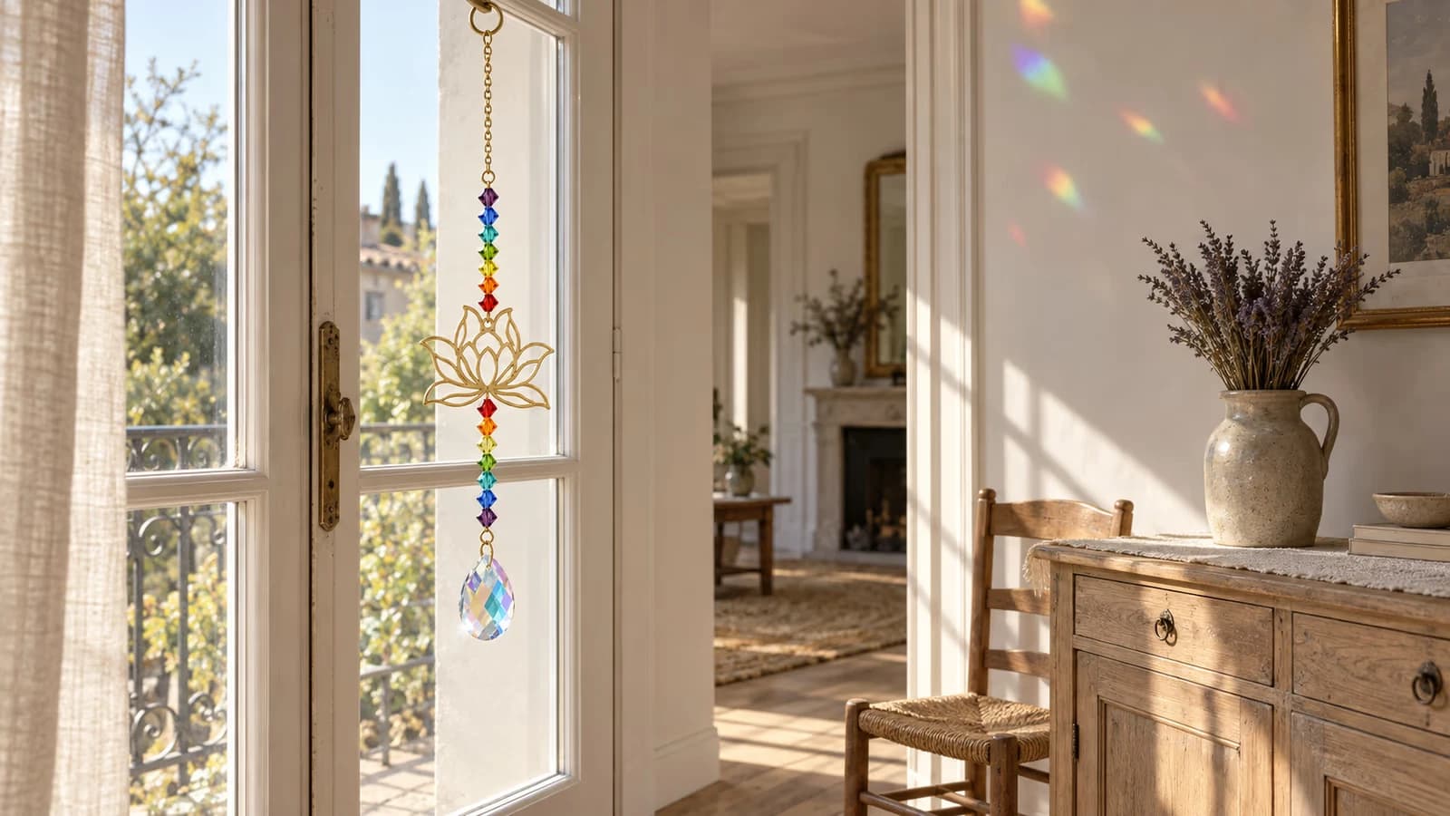 Attrape-soleil à fleur dorée suspendu devant un carreau ensoleillé, taches de couleur projetées haut sur le mur d'une pièce claire