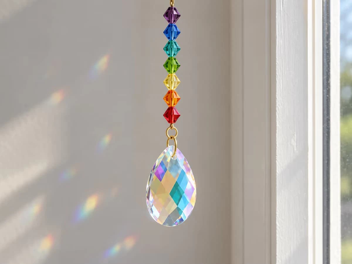 Goutte de cristal facettée suspendue au bas d'une chaîne de perles colorées, tenue écartée d'un montant de fenêtre, sur fond de mur clair