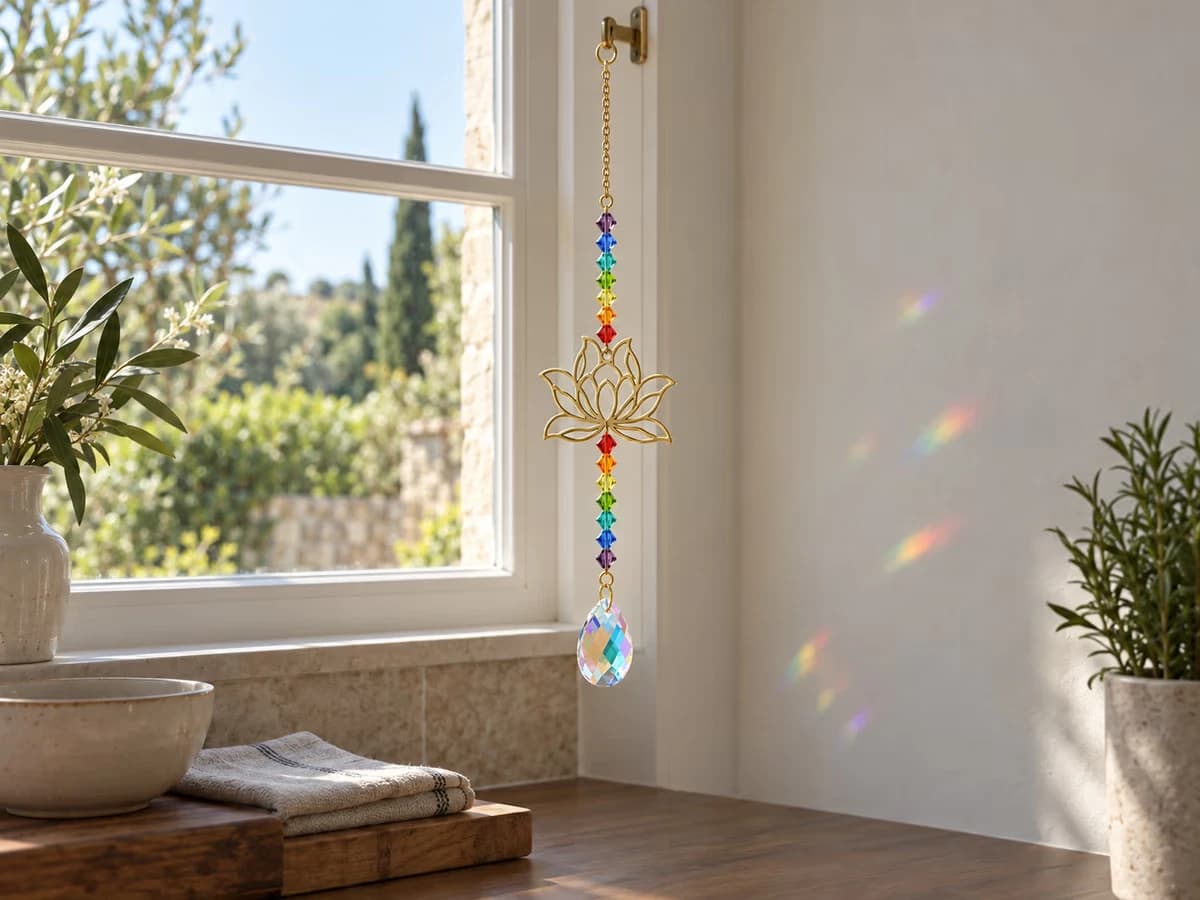 Attrape-soleil suspendu devant une fenêtre de cuisine, taches de couleur projetées sur un mur dégagé, plan de travail laissé dans l'ombre