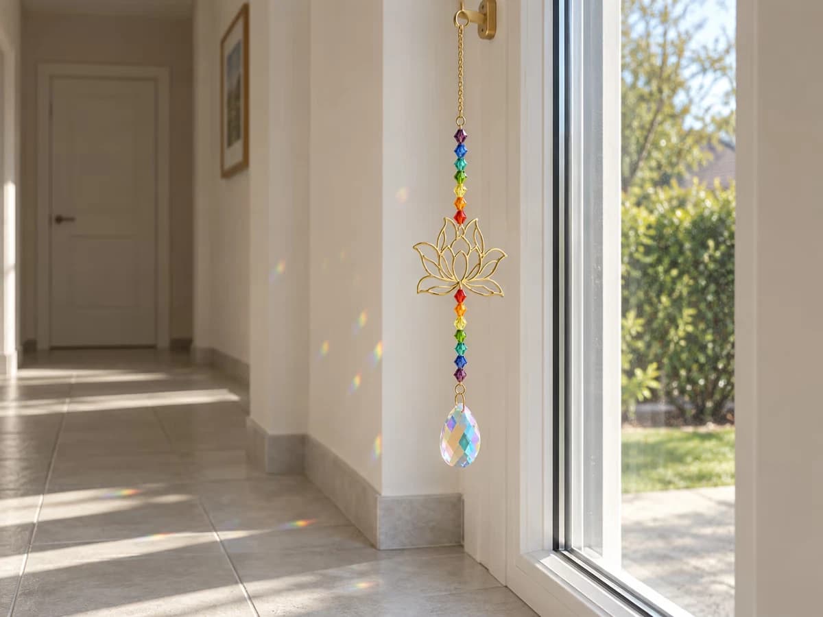Attrape-soleil à perles de verre pendant au-dessus d'un carrelage clair et nu, dans un couloir éclairé par une fenêtre latérale