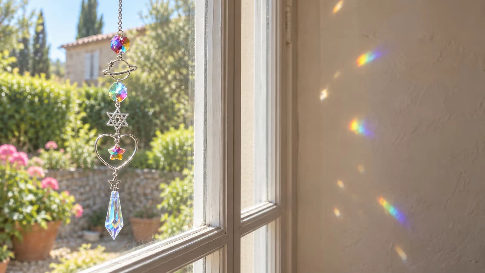 Chaîne de sept figures en cristal irisé suspendue devant un carreau ensoleillé, taches de couleur posées sur le mur clair d'en face