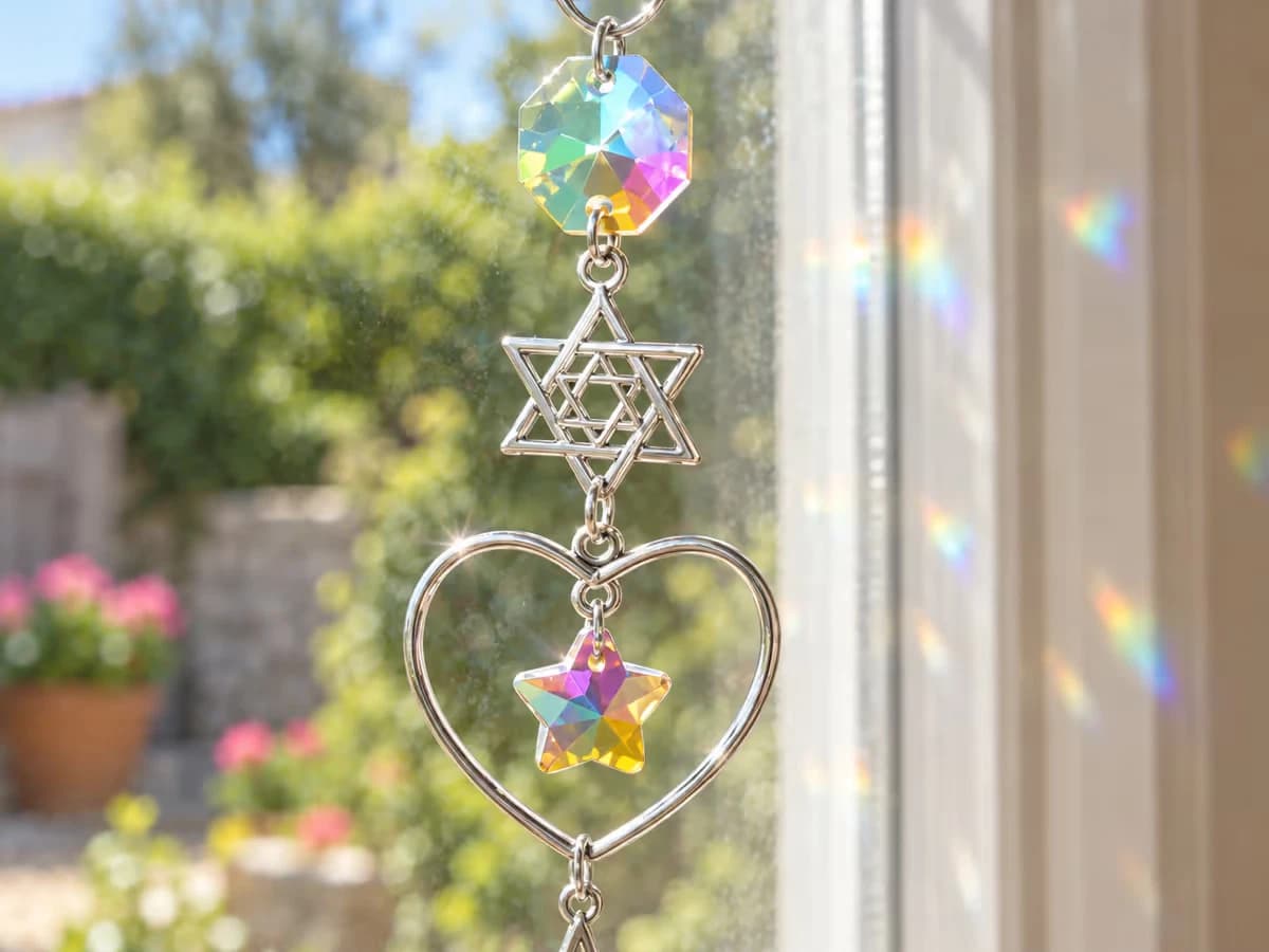 Anneaux de liaison entre une étoile à six branches et une perle à facettes irisées, chaîne de cristal suspendue devant une vitre ensoleillée