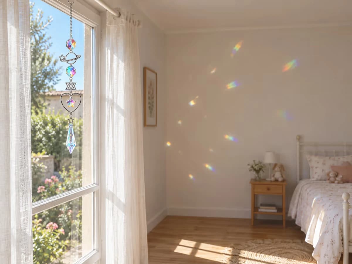 Chaîne de cristal suspendue haut sur une tringle à rideau dans une chambre claire, lit visible au second plan et taches de couleur projetées loin du couchage