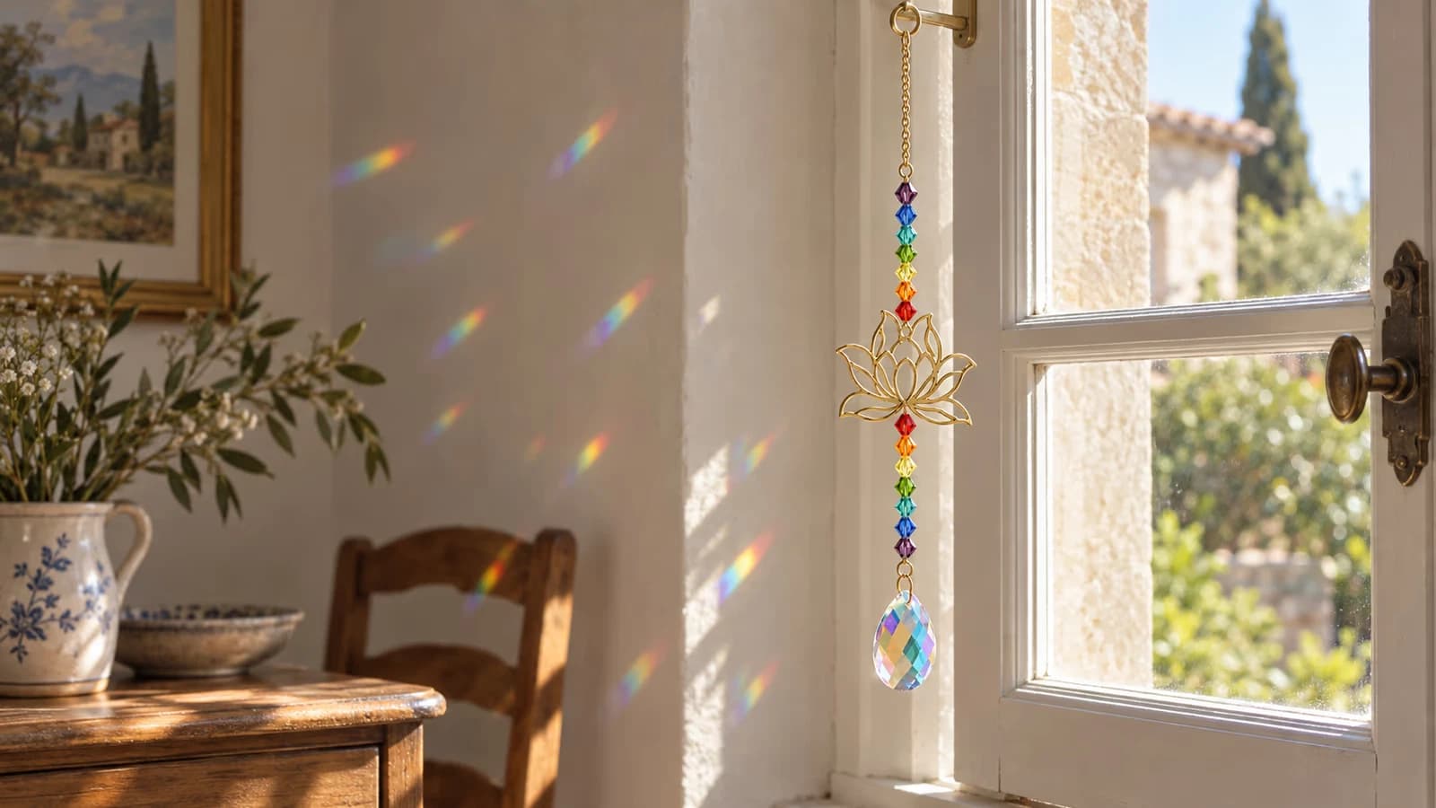 Attrape-soleil à fleur de lotus dorée et perles de verre coloré suspendu devant un carreau ensoleillé, taches colorées sur le mur d'en face