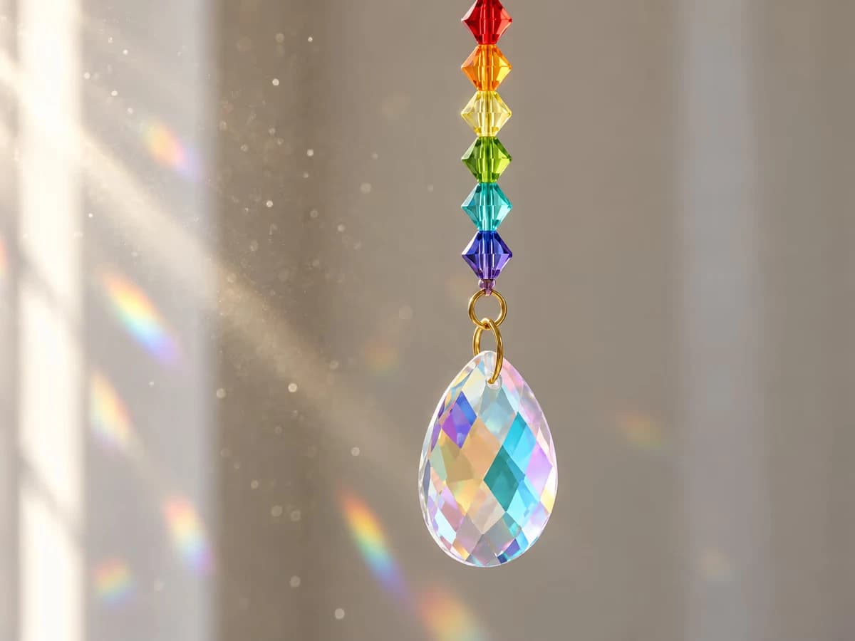 Goutte de cristal et perles facettées en verre coloré traversées par un rayon de soleil, fines poussières visibles dans la lumière