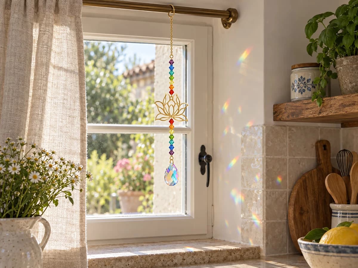 Chaîne de perles de verre coloré et fleur dorée suspendue à une tringle à rideau devant un petit carreau de cuisine ensoleillé
