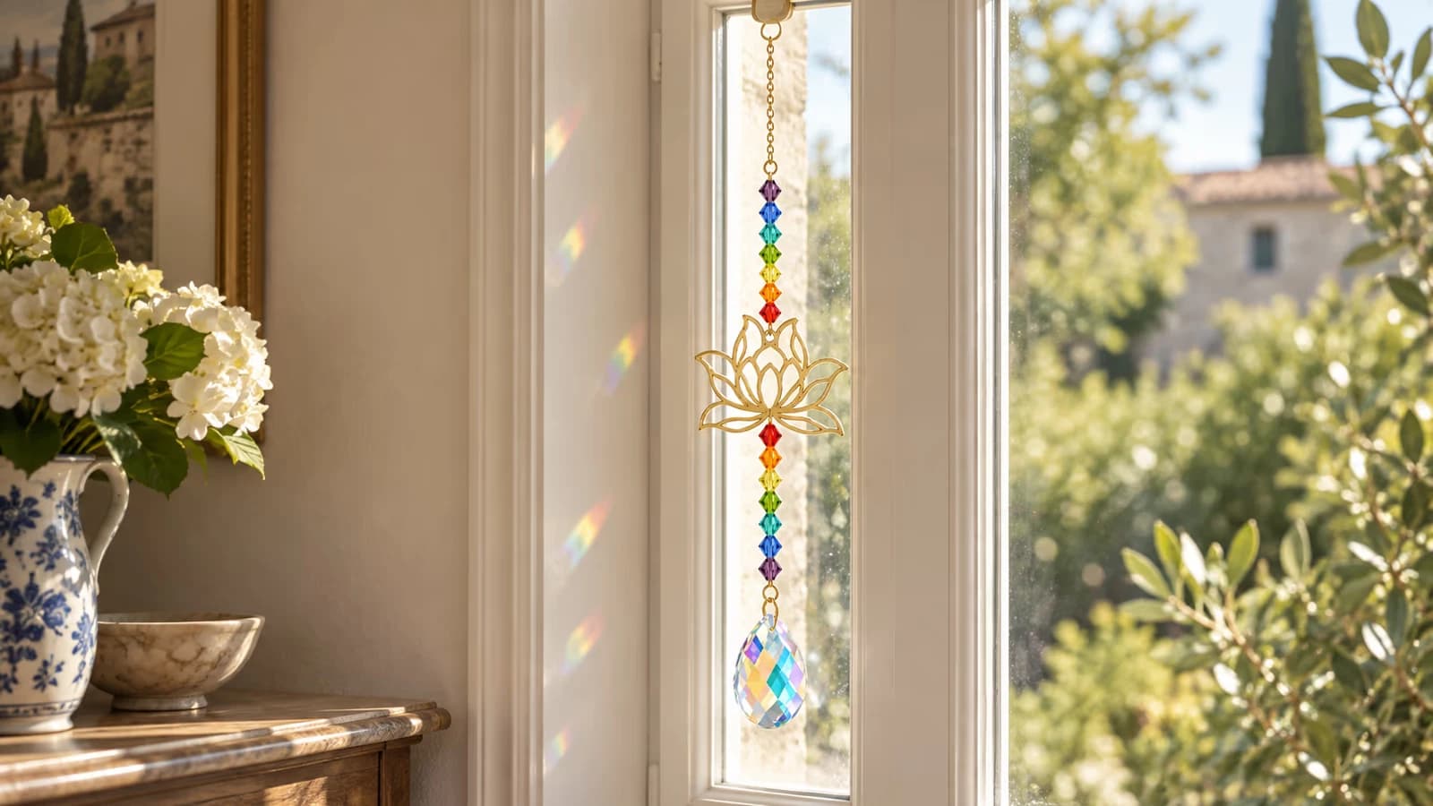 Attrape-soleil à fleur de lotus dorée suspendu devant un carreau étroit baigné de soleil