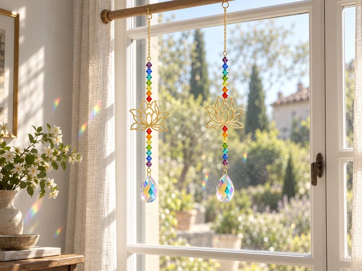 Deux attrape-soleils à fleur de lotus suspendus côte à côte sur une tringle, perles colorées en pleine lumière
