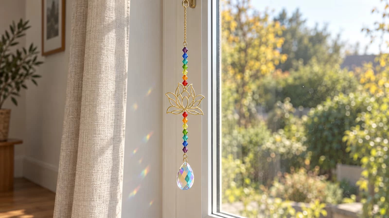 Attrape-soleil fleur de lotus dorée et perles de verre coloré suspendu devant une fenêtre ensoleillée