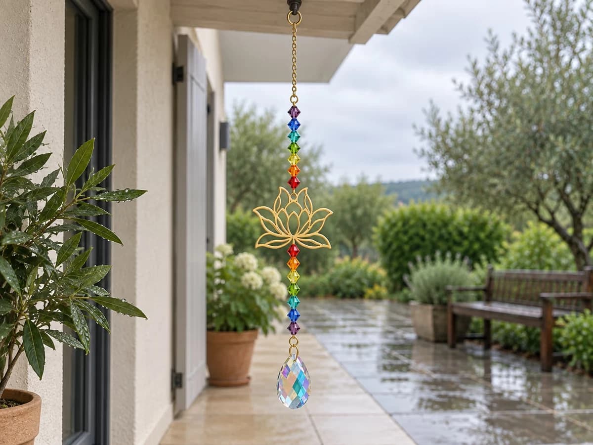 Attrape-soleil suspendu sous le débord d'un auvent de terrasse, à l'écart de la pluie