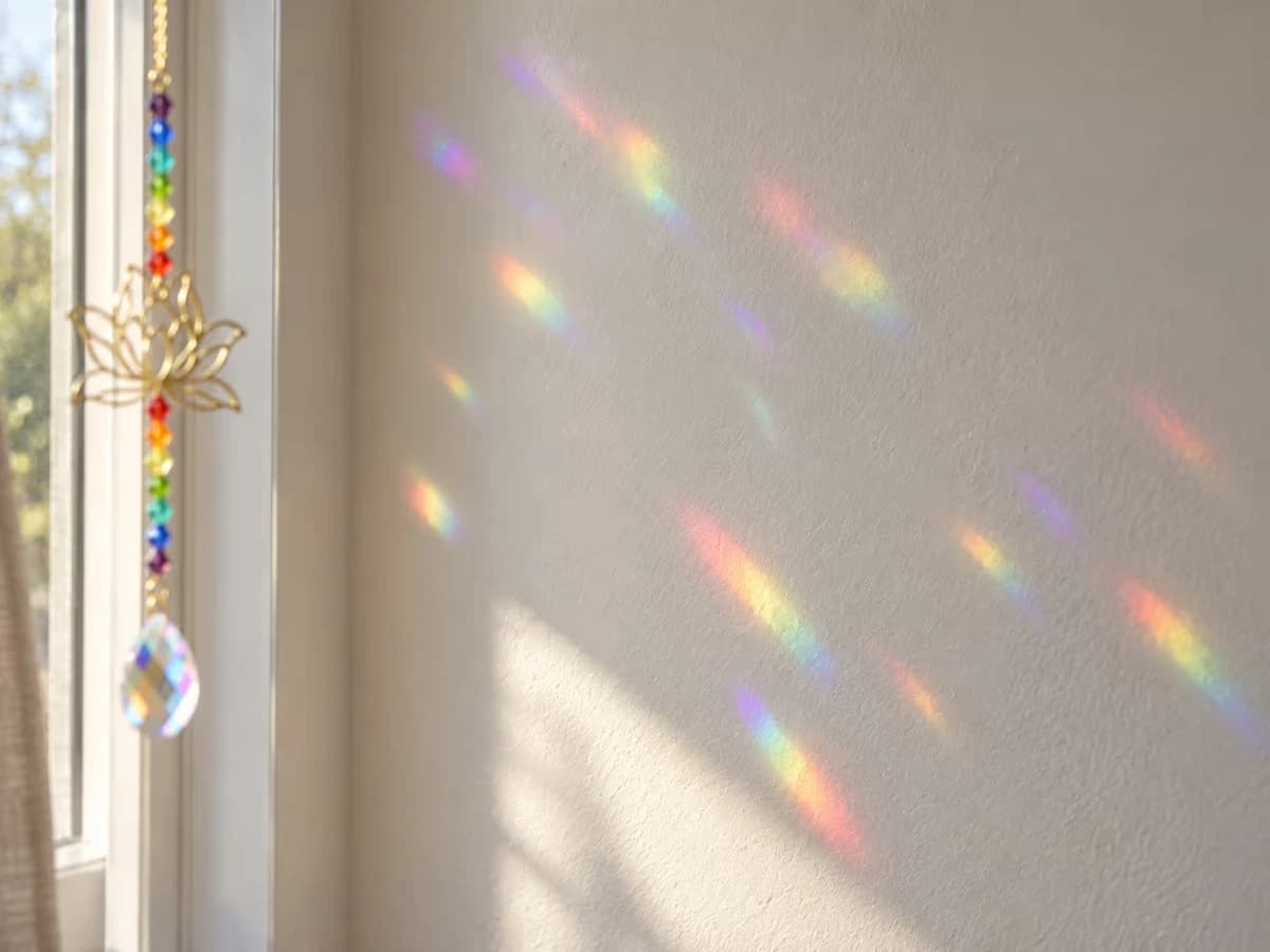 Taches de lumière colorée projetées par les perles de verre sur un mur clair face à une fenêtre