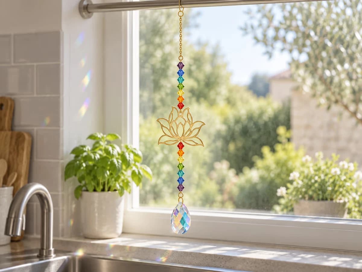 Attrape-soleil de 40 cm suspendu à une tringle à rideau devant une fenêtre de cuisine