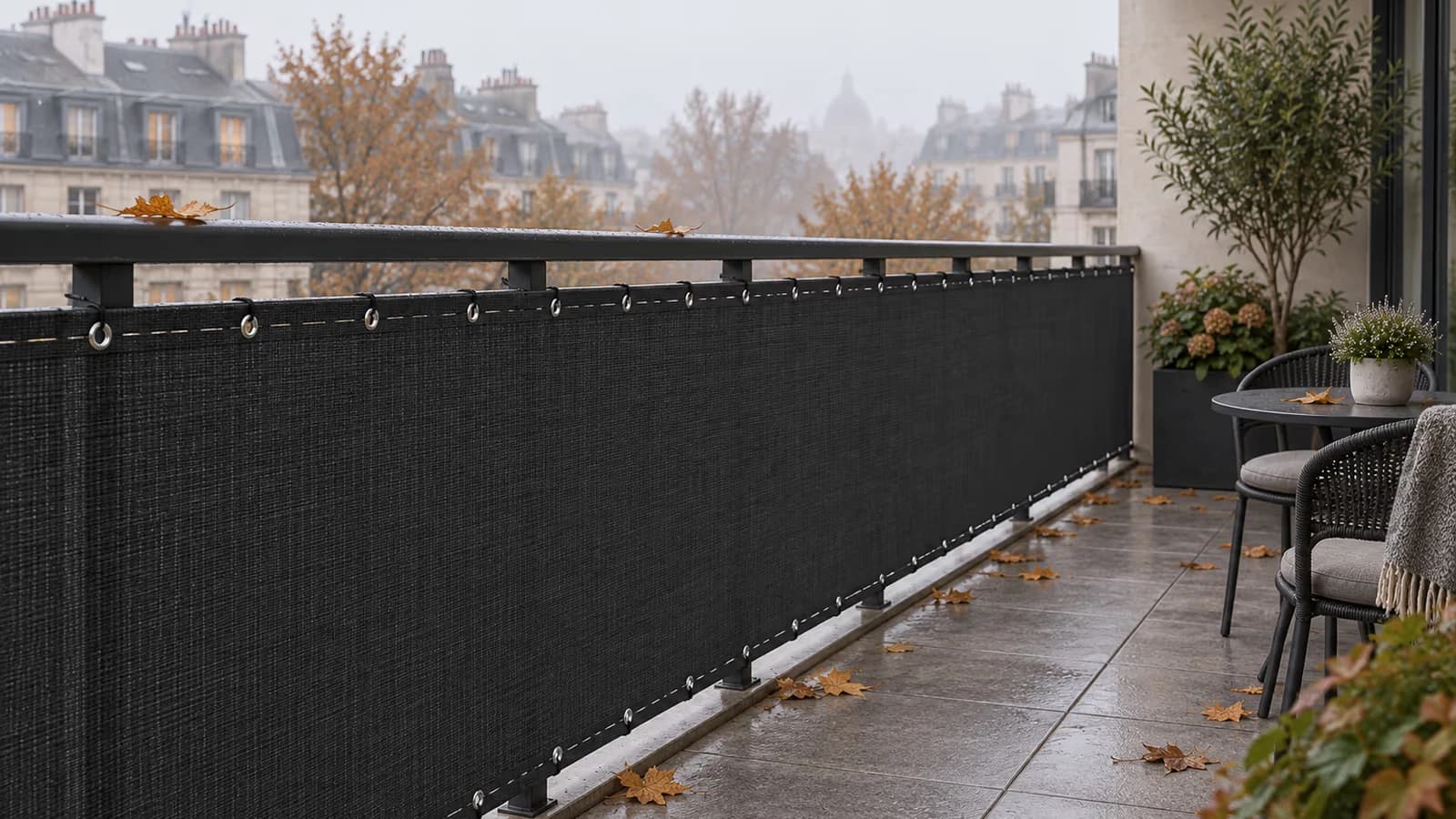 Paravent anthracite en maille tissée encore fixé sur une rambarde de balcon par un matin d'octobre brumeux, feuilles mortes posées sur le rebord