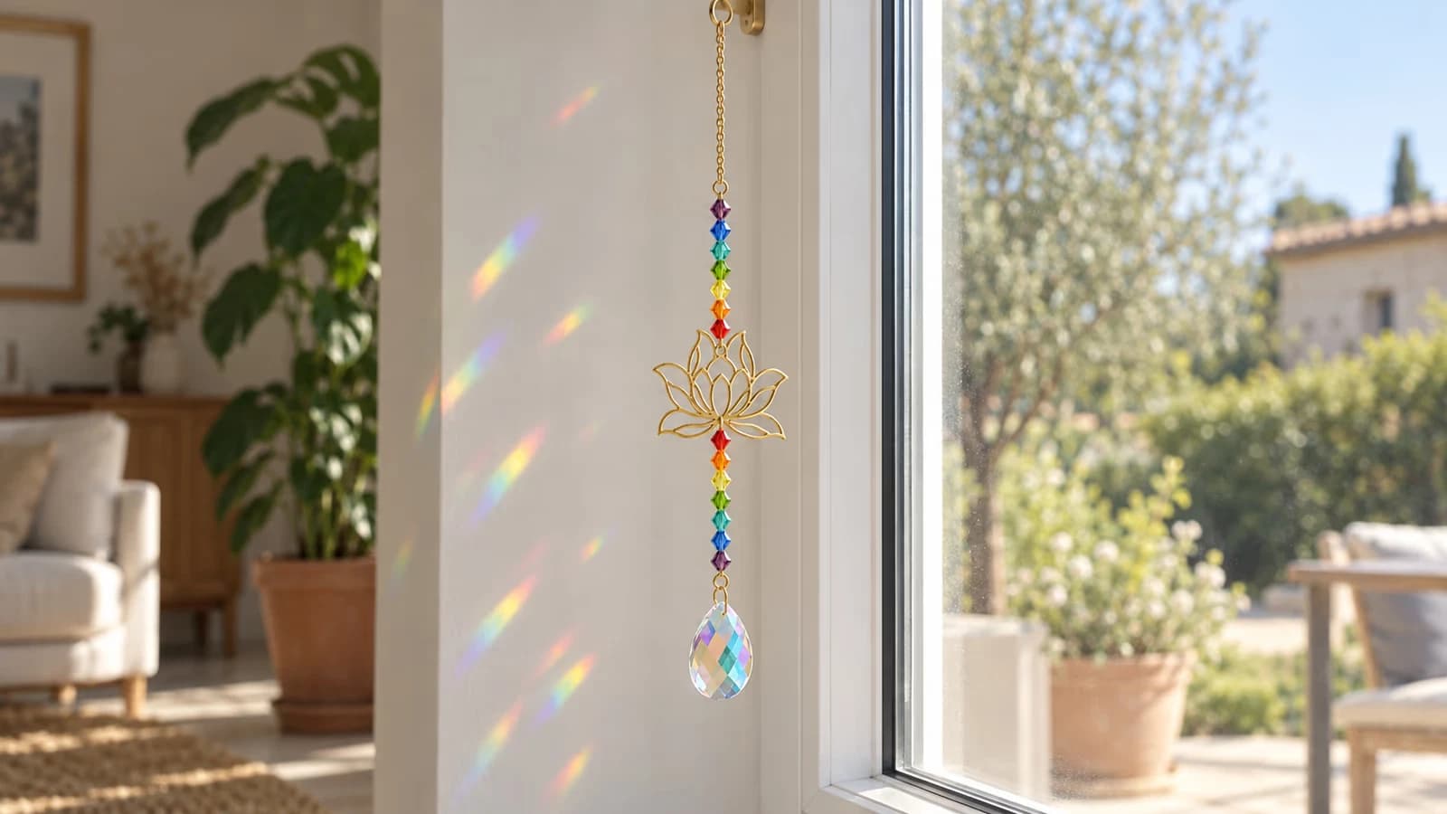 Attrape-soleil fleur de lotus suspendu devant un carreau ensoleillé, taches colorées sur le mur clair d'en face