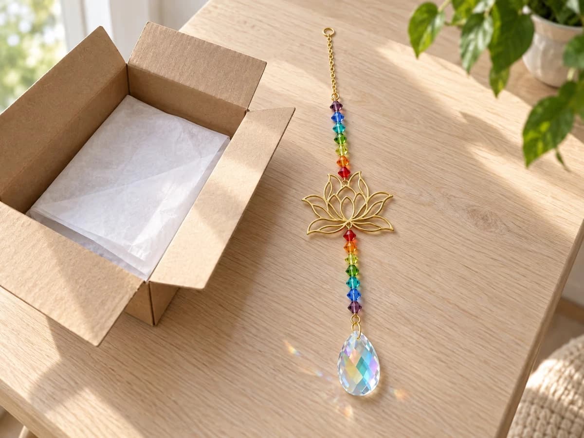 Colis ouvert sur une table claire, fleur de lotus dorée et perles de verre coloré dépliées avant l'accroche