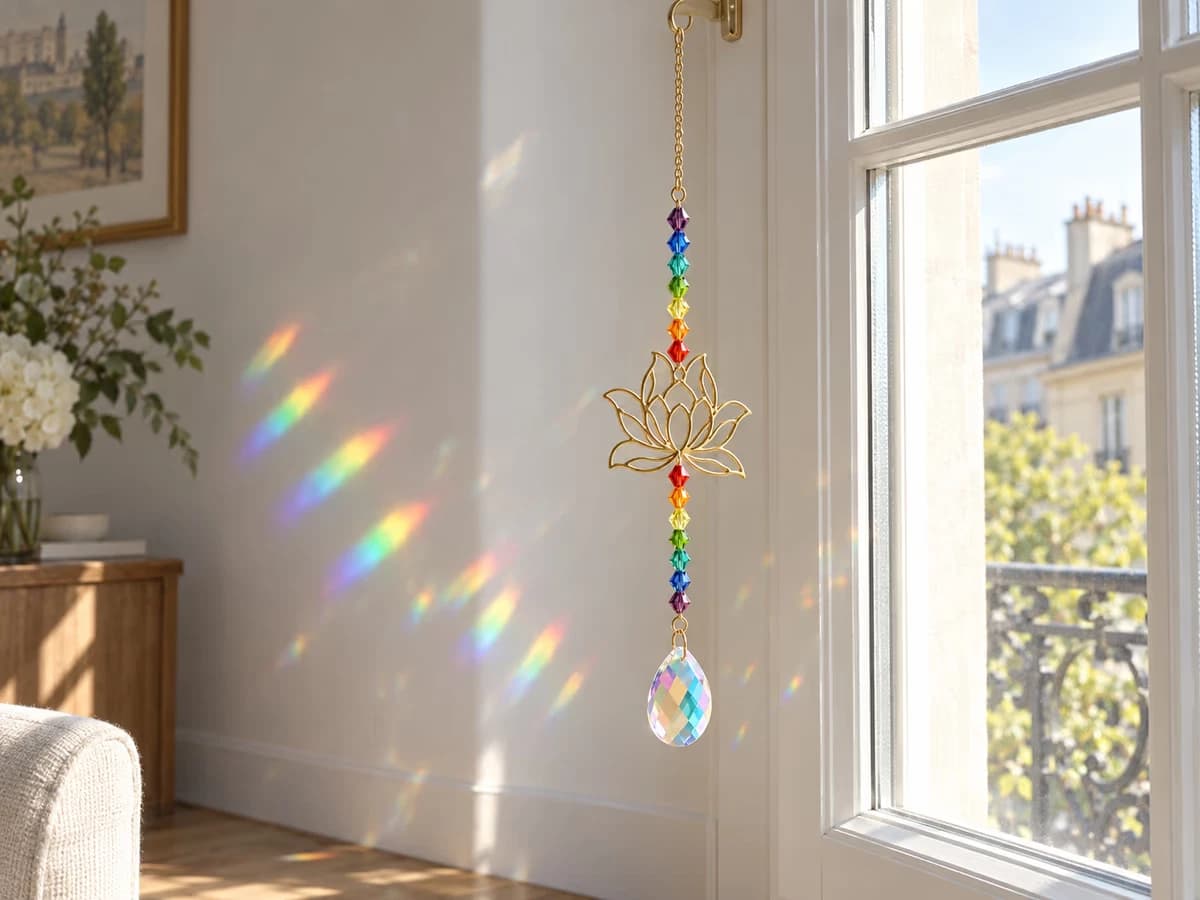 Perles de verre facettées orientées face au carreau, taches colorées en arc posées sur un mur blanc