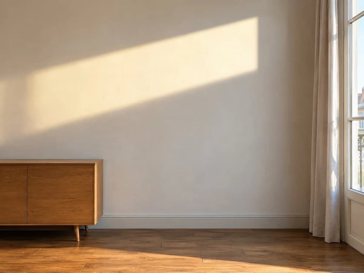 Lumière du matin entrant en travers dans un salon clair et venant frapper le mur qui fait face à la fenêtre