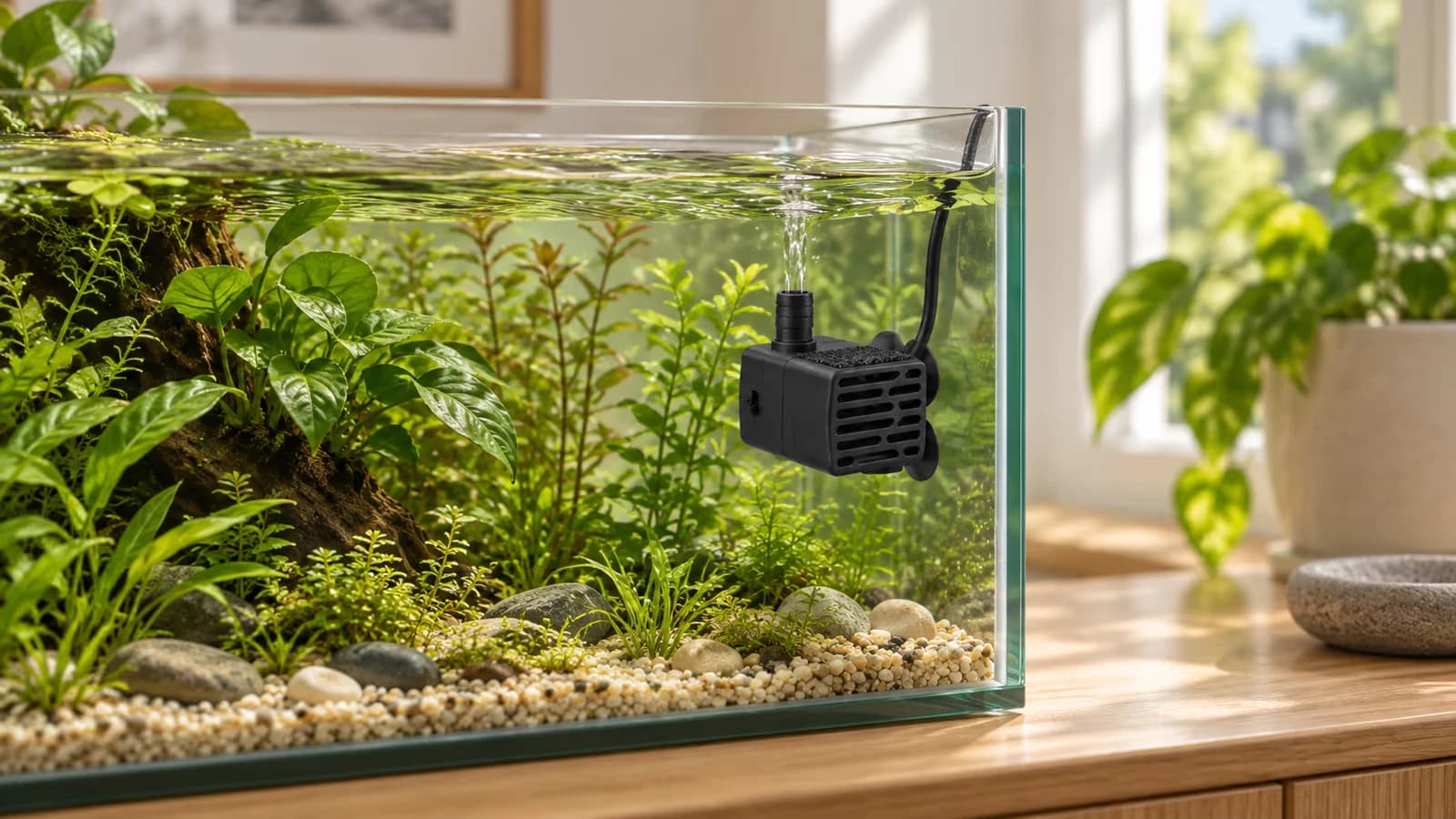 Petite pompe noire de circulation posée sur une ventouse au verre d'un nano aquarium planté, câble USB le long de la vitre