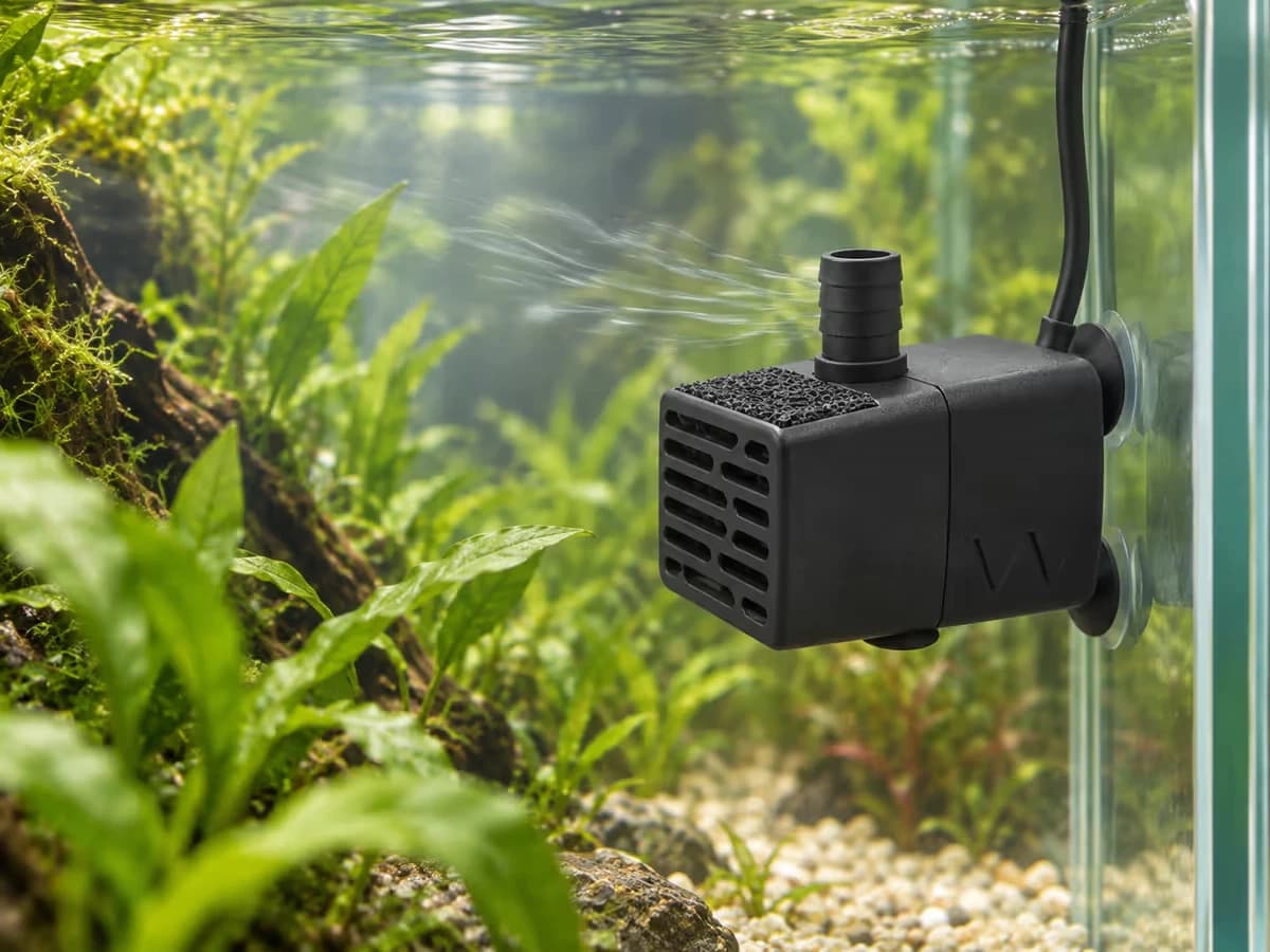 Corps d'une petite pompe appliqué contre la vitre latérale d'un aquarium, ventouses pressées sur le verre propre