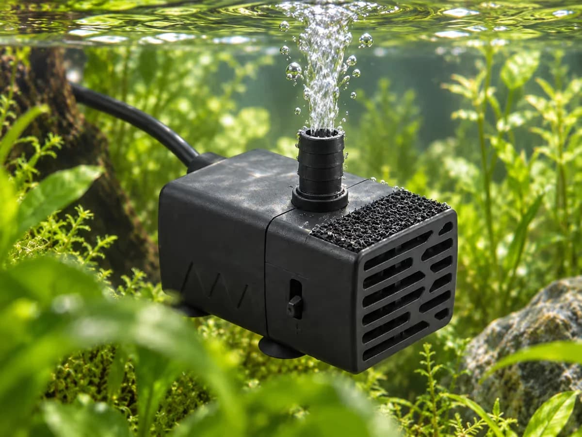Bouton de réglage en relief sur le boîtier d'une petite pompe noire immergée dans un aquarium planté