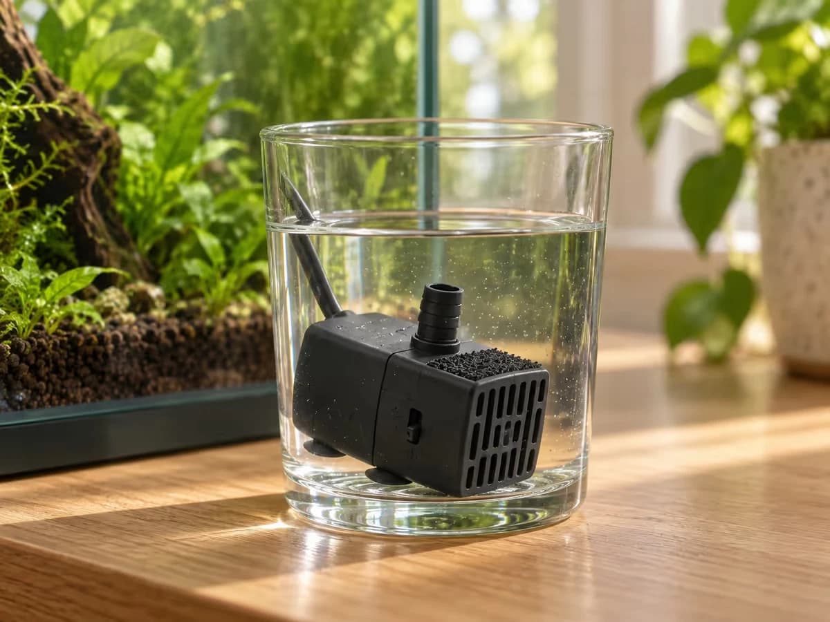 Crépine d'une petite pompe noire rincée dans un verre d'eau d'aquarium posé près du bac