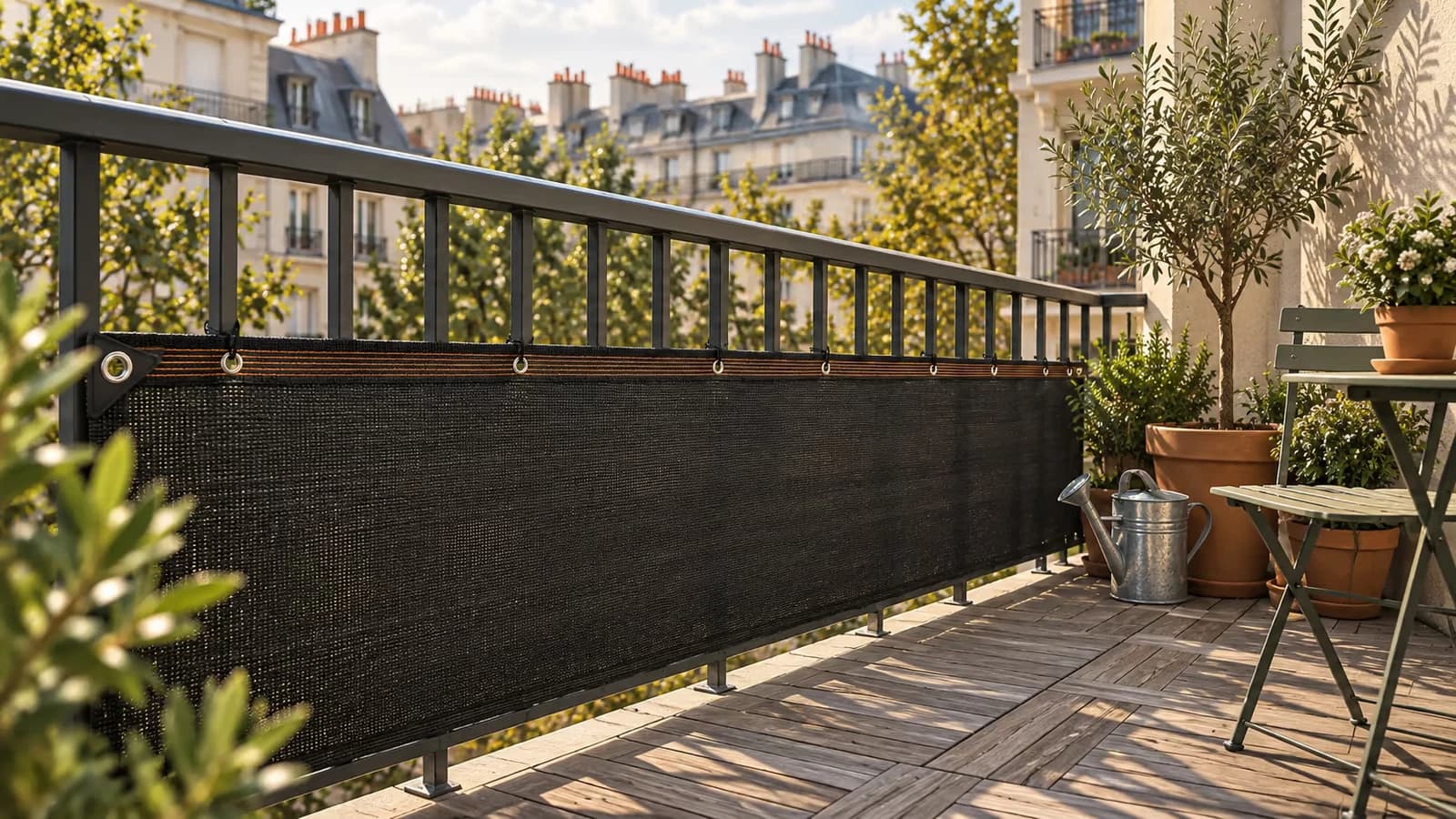 Toile d'occultation noire à œillets tendue sur le garde-corps d'un balcon urbain, lumière d'après-midi