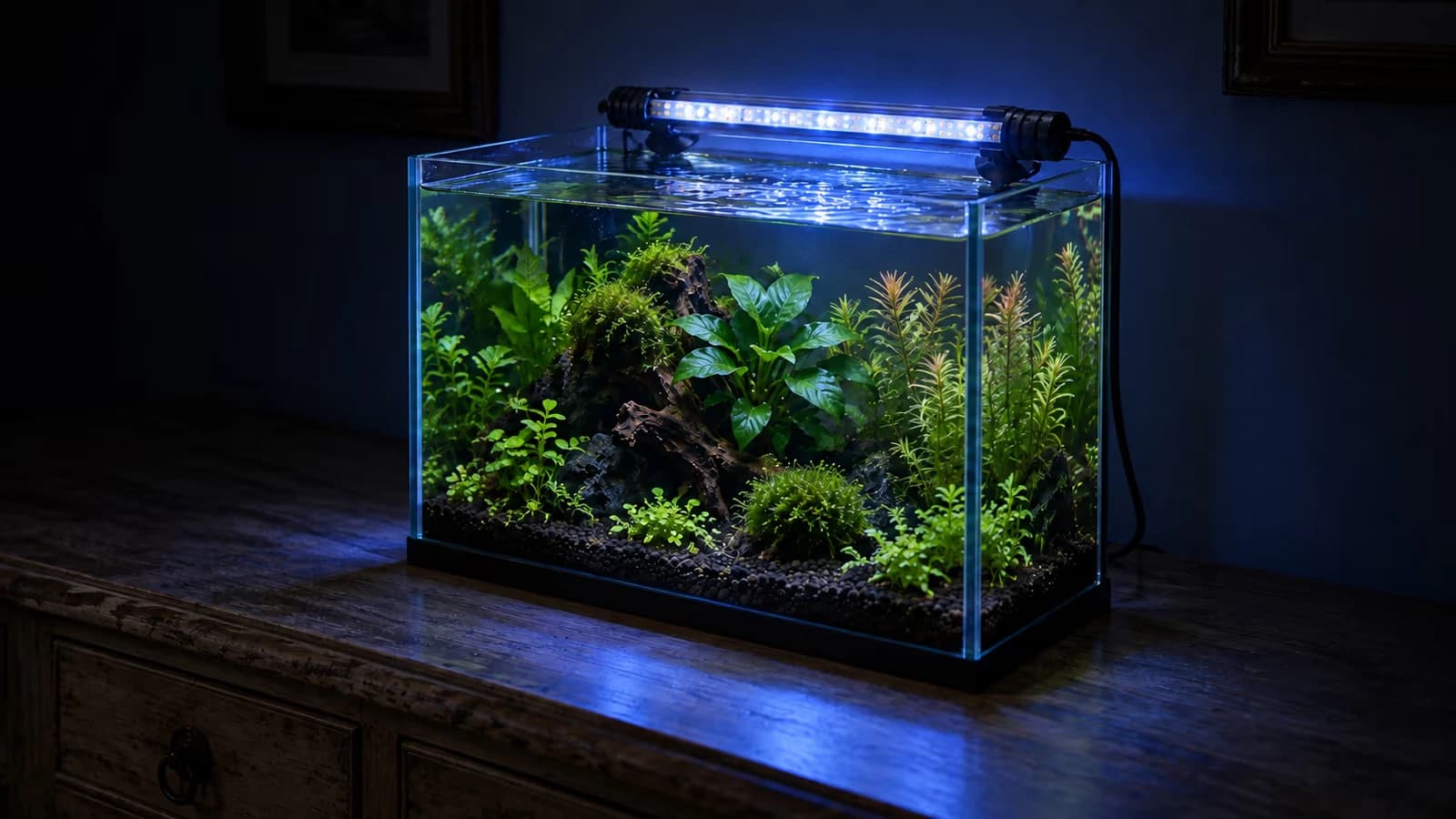 Barre LED bleu-blanc de 18 cm allumée au-dessus d'un nano aquarium planté, vue de biais dans une pièce en pénombre