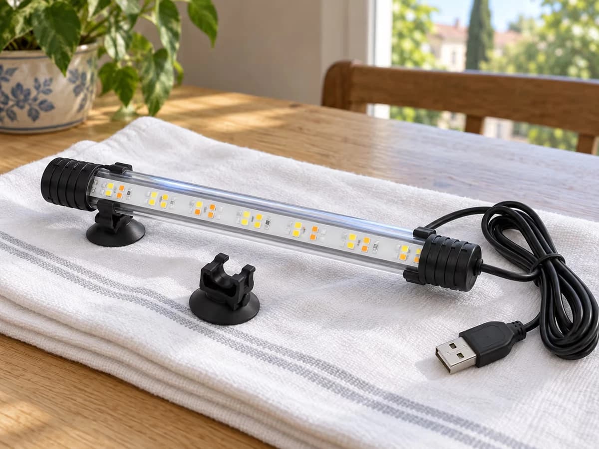 Barre LED de 18 cm posée sur un linge doux, coque en plexiglas propre et reflet bleu-blanc net