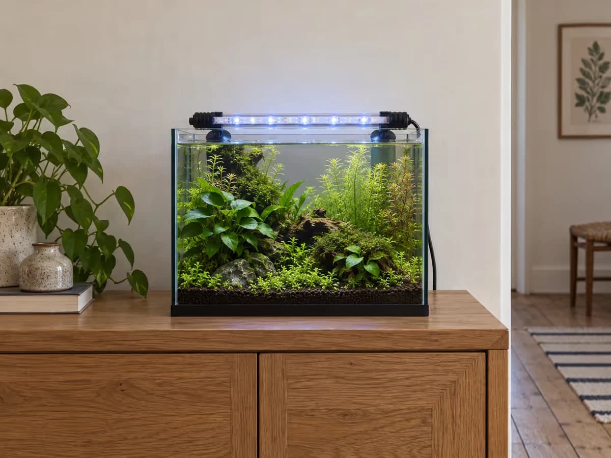 Nano aquarium planté posé sur un meuble bas, barre LED fixée au-dessus de la ligne d'eau, à hauteur des yeux d'un enfant debout