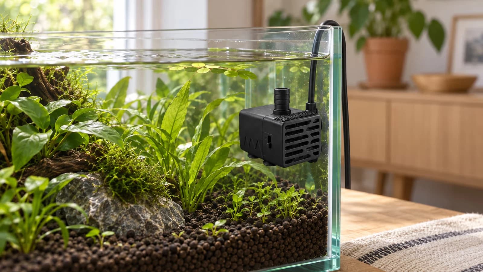 Une petite pompe noire fixée par ventouses sur la paroi d'un nano aquarium planté, câble USB remontant hors de la cuve