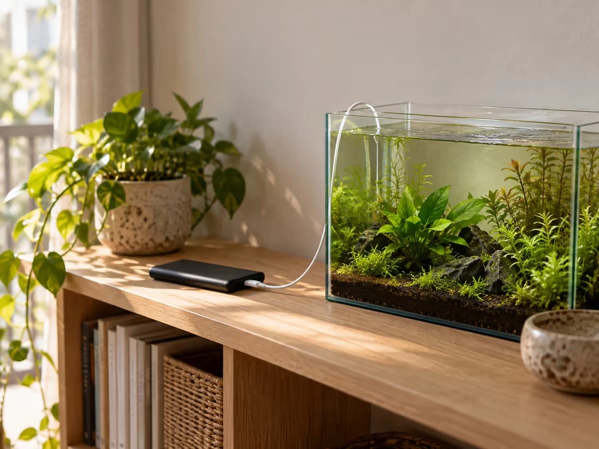 Une batterie externe posée sur une étagère sèche près d'un nano aquarium, câble USB branché, aucune prise murale en vue