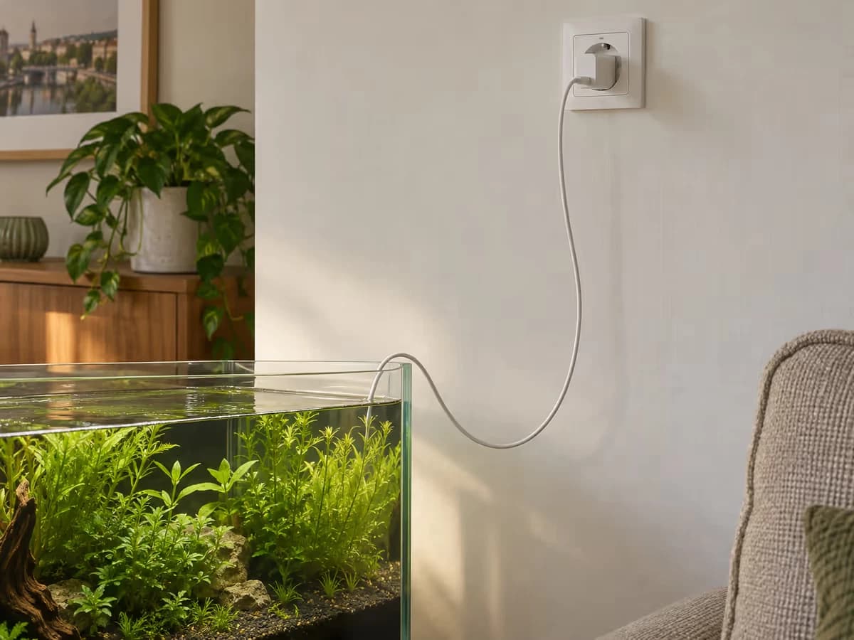 Un chargeur USB blanc branché sur une prise murale située au-dessus d'un petit aquarium, câble descendu en boucle sous la prise