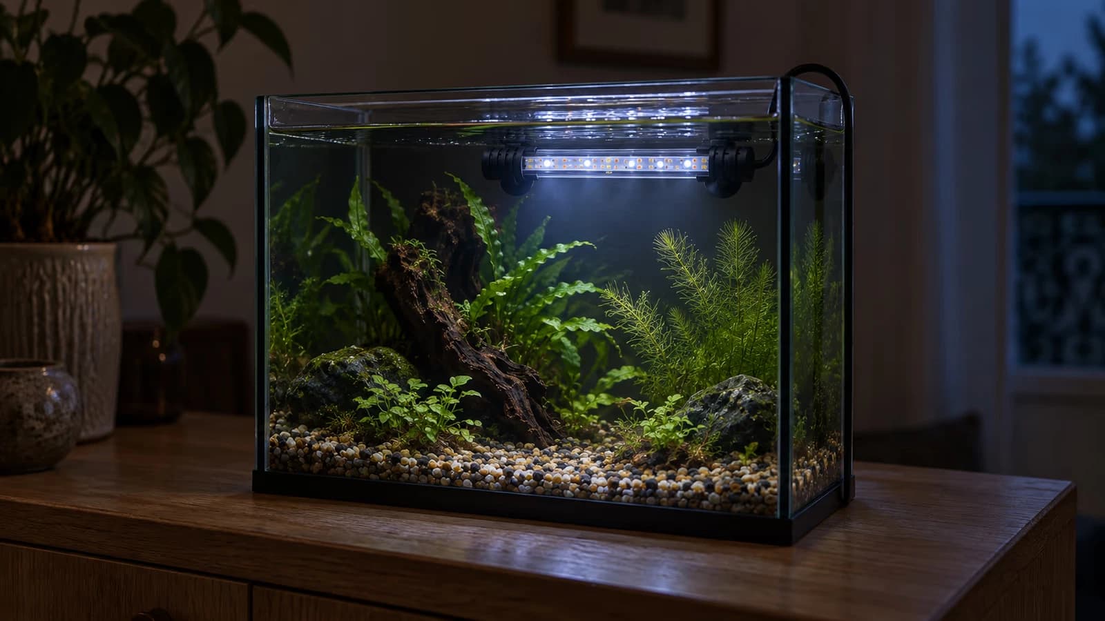 Nano aquarium éclairé par une barre LED bleu-blanc fixée en haut de la vitre arrière, dans une pièce encore dans la pénombre