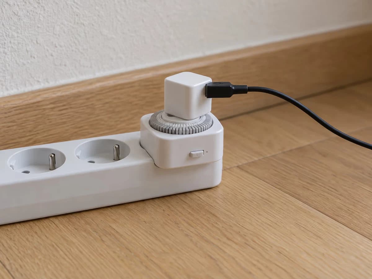 Programmateur à prises posé sur une multiprise, cordon USB de la barre LED branché sur l'une des prises pilotées