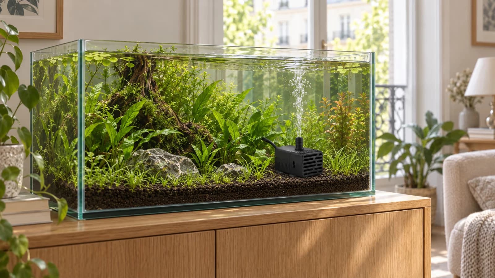 Un aquarium d'eau douce planté vu de côté, surface légèrement ridée et lumière du jour