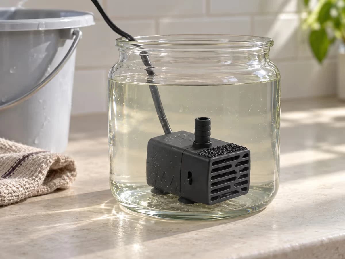Une crépine de pompe posée dans un bocal d'eau du bac, à côté d'un seau sur un plan de travail clair