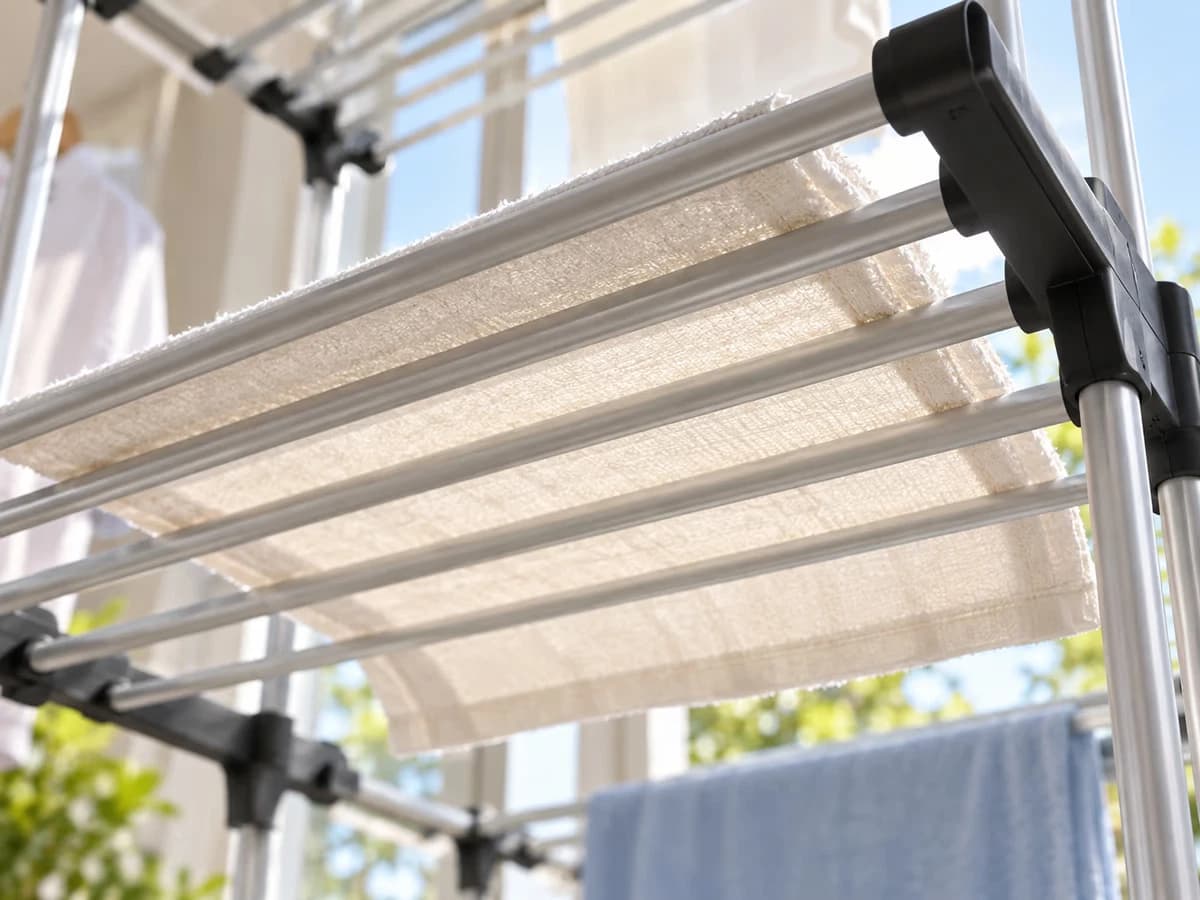 Grille métallique d'une claie d'étendoir trois étages vue de dessous, linge clair posé dessus et lumière du jour qui traverse les mailles