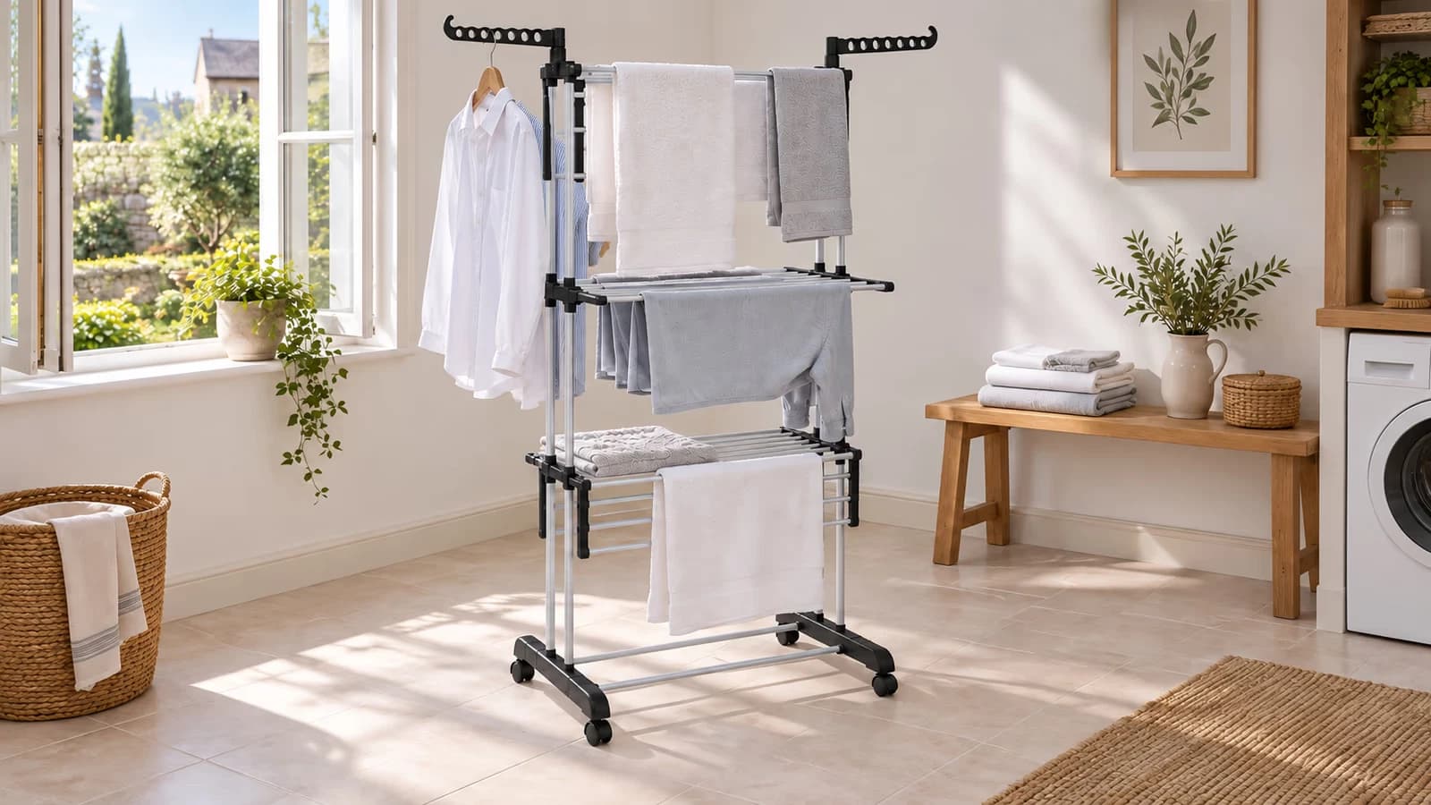 Étendoir trois étages en acier clair monté dans une buanderie, claies garnies de linge clair et fenêtre ouverte sur le côté
