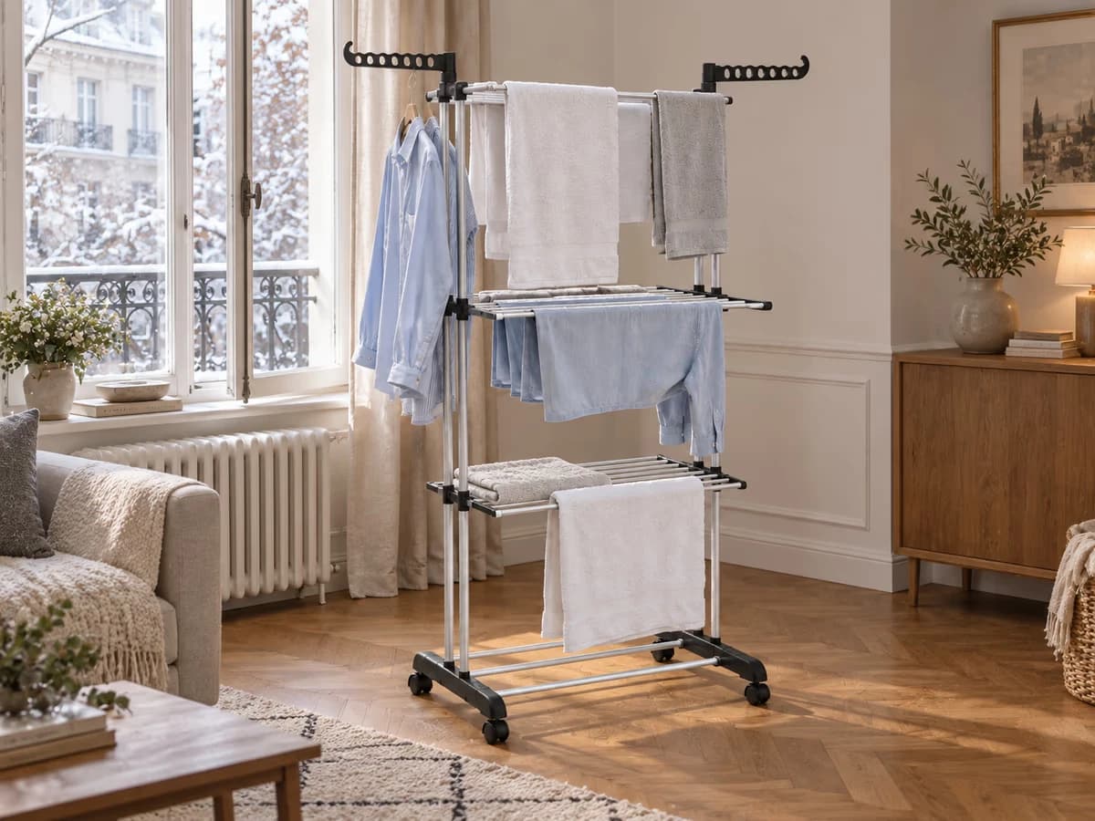 Étendoir trois étages chargé de linge dans un salon en hiver, fenêtre entrouverte à côté et radiateur sous l'appui, lumière basse
