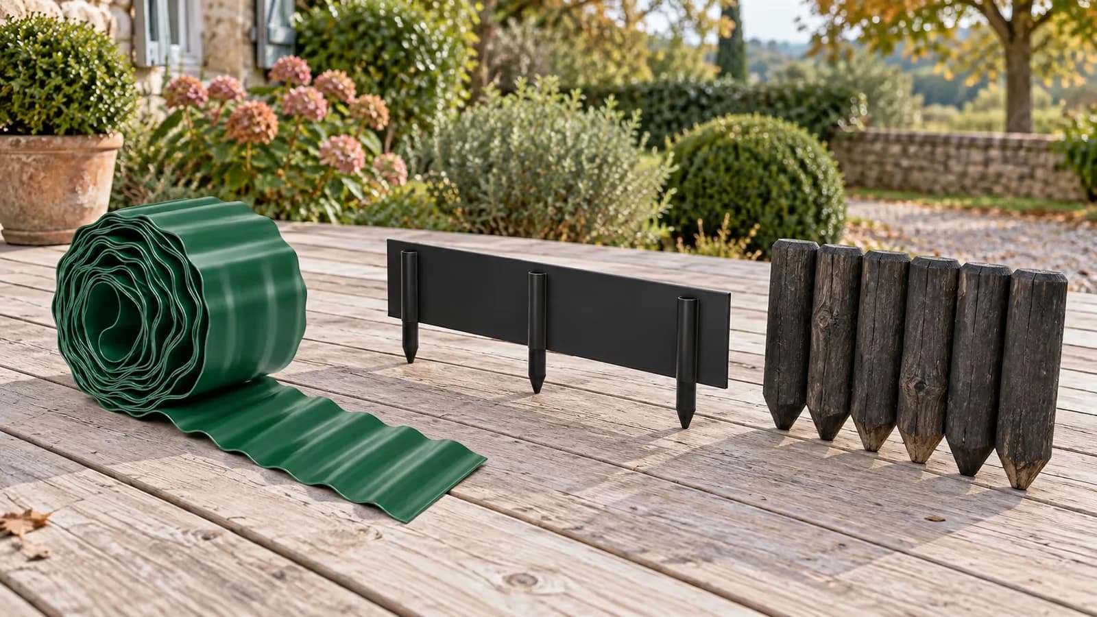 Trois bordures de jardin sur une terrasse en bois : rouleau vert ondulé, bande noire à piquets, lames de bois carbonisé