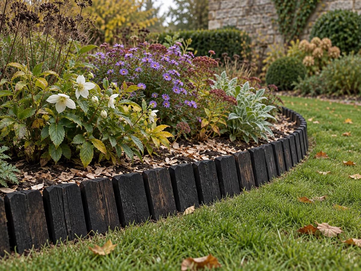 Bordure décorative en bois carbonisé plantée en lames obliques autour d'un massif de fleurs vivaces, paillage de copeaux au pied des plantes