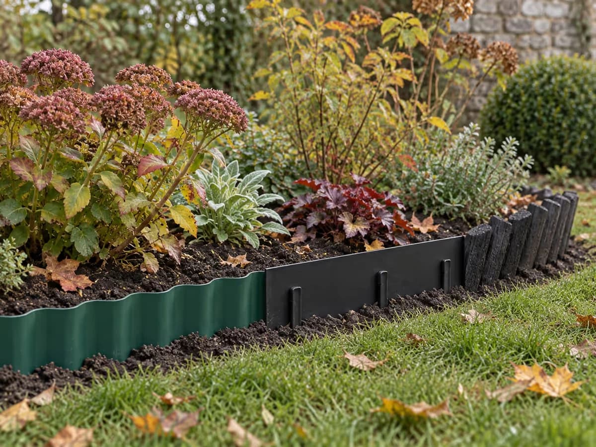 Trois bordures de jardin posées sur la terre d'un massif français à l'automne : rouleau ondulé vert à demi enterré, bande noire tenue par des piquets et lames de bois carbonisé