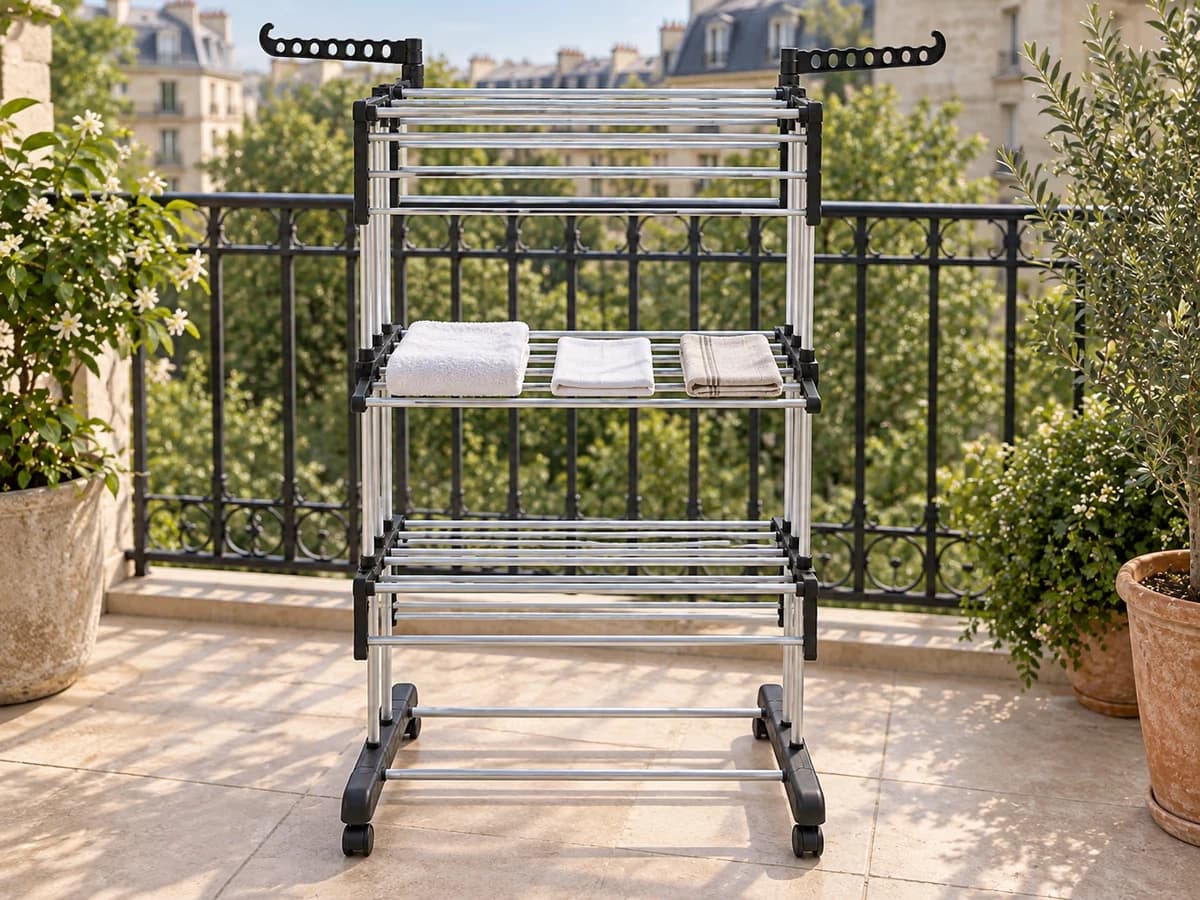 Claie d'un étendoir trois étages engagée à fond sur ses rails, linge clair réparti du centre vers les bords avec un espace entre chaque pièce